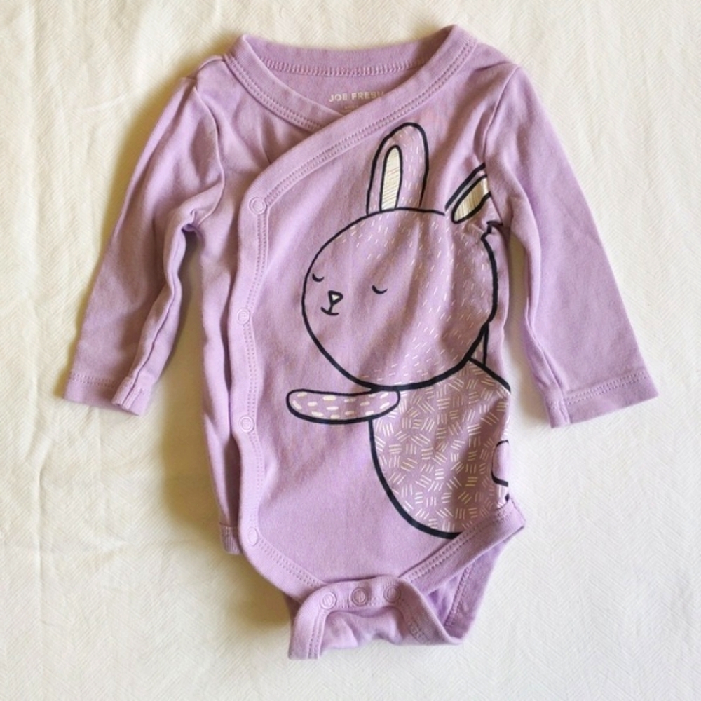 joe fresh purple bunny kimono style long sleeve bodysuit diaper shirt 0-3 baby